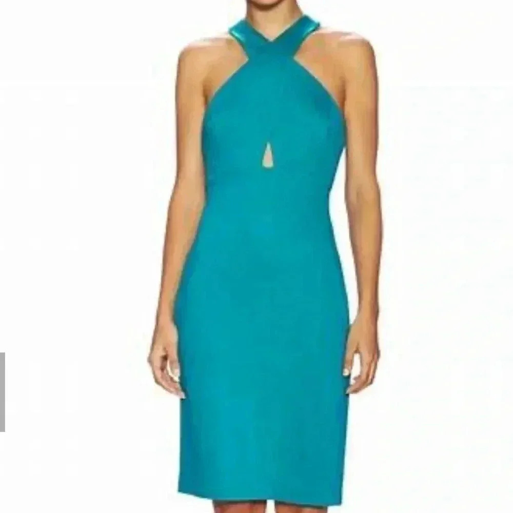 Alice + Olivia tai cross front turquoise midi teal cocktail dress
